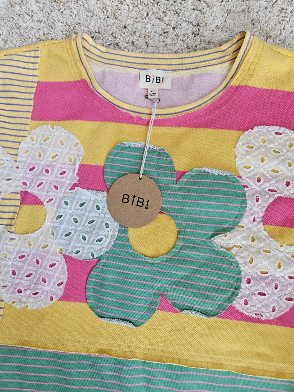 BiBi Striped Floral Appliqué Tee - Yellow, Pink, Green